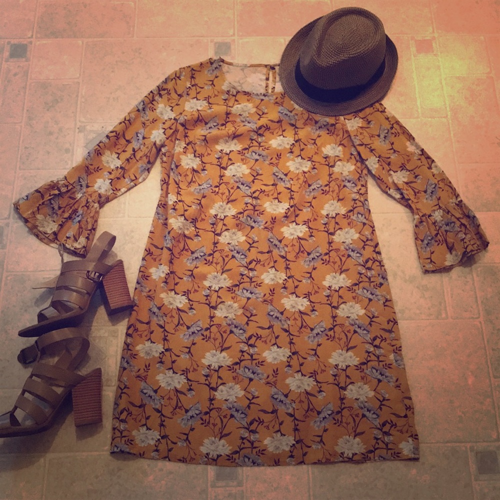 Floral Bell Sleeve Mustard Yellow Dress